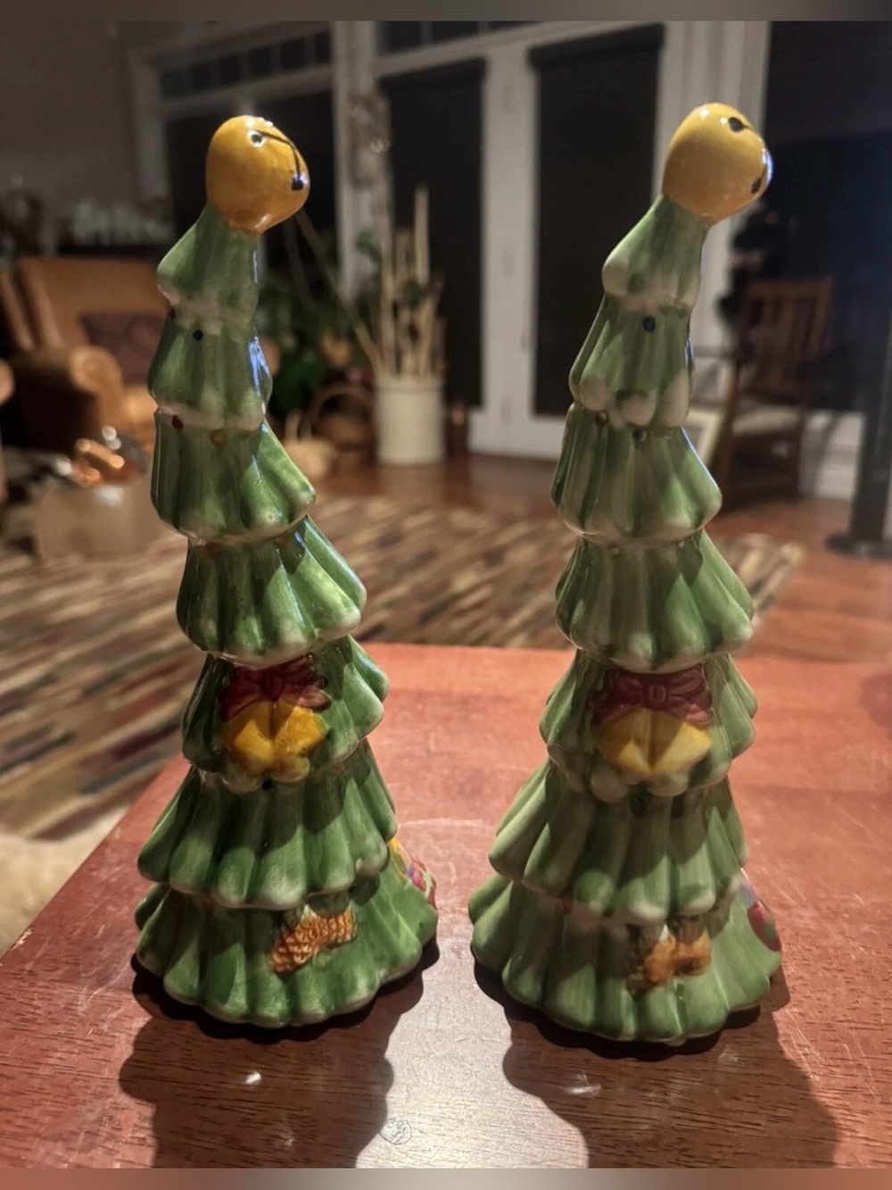 2 Vintage Whimsical Crooked Skinny Ceramic Christmas Tree Jingle Bell Topper 9"
